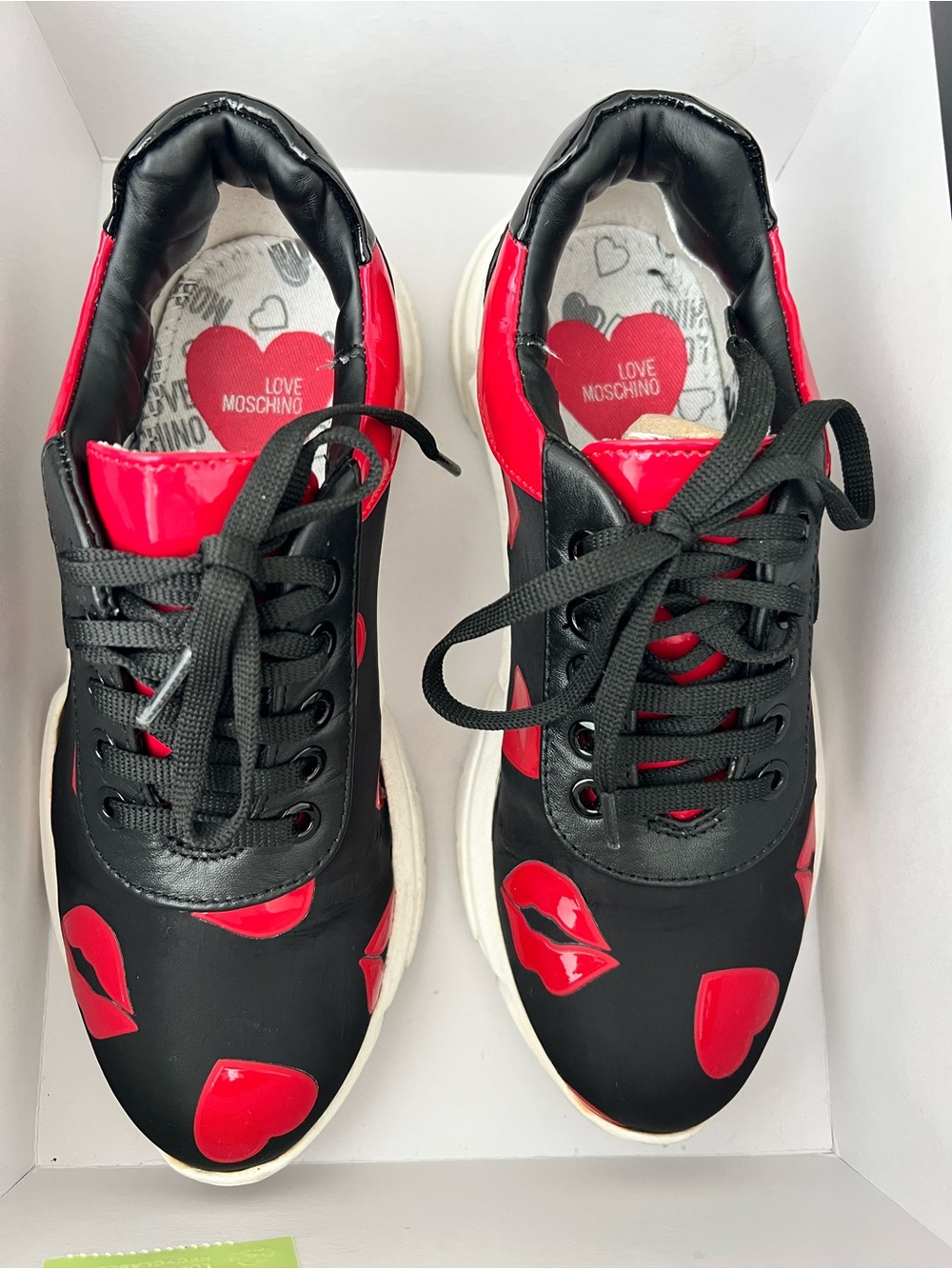 Moschino Black Sneakers with Red Heart Lip Accents